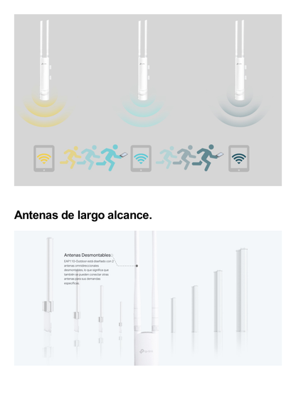 Punto de acceso Omada / Frecuencia 2.4 GHz N 300 / Aplicaciones para  Exterior  / Configuración Stand-Alone o Por Controlador / Protección Exterior IP65 / Alimentación PoE Pasivo 24 Vcc