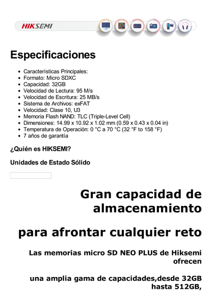 Memoria microSD / Clase 10 de 32 GB / Especializada Para Videovigilancia (Uso 24/7) / Compatibles con cámaras HIKVISION y Otras Marcas / 95 MB/s Lectura / 25 MB/s Escritura