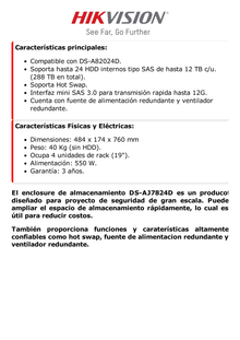 Unidad de Expansión SAS para CVR / Soporta 24 Discos Duros / 288 TB en Total / Compatible con DS-A82024D / Doble Controlador