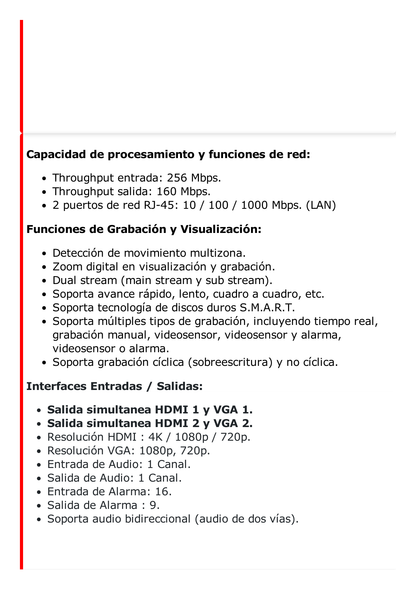 NVR 12 Megapixel (4K) / 32 Canales IP / Reconocimiento Facial / AcuSense (Evita Falsas Alarmas) / 8 Bahías de Disco Duro /  2 HDMI en 4K / Alarmas I/O