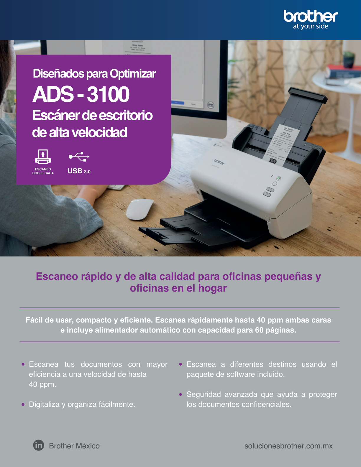 Escáner Brother ADS3100 Scanner color USB Resolución 600DPI 40PPM ADF