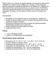 Convertidor Fibra Óptica Monomodo /  1 Puerto RJ45 10/100 Mbps / Puerto Fibra Óptica SC 100 Mbps / Hasta 20 kilometros / Plug and Play