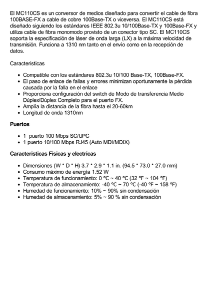 Convertidor Fibra Óptica Monomodo /  1 Puerto RJ45 10/100 Mbps / Puerto Fibra Óptica SC 100 Mbps / Hasta 20 kilometros / Plug and Play