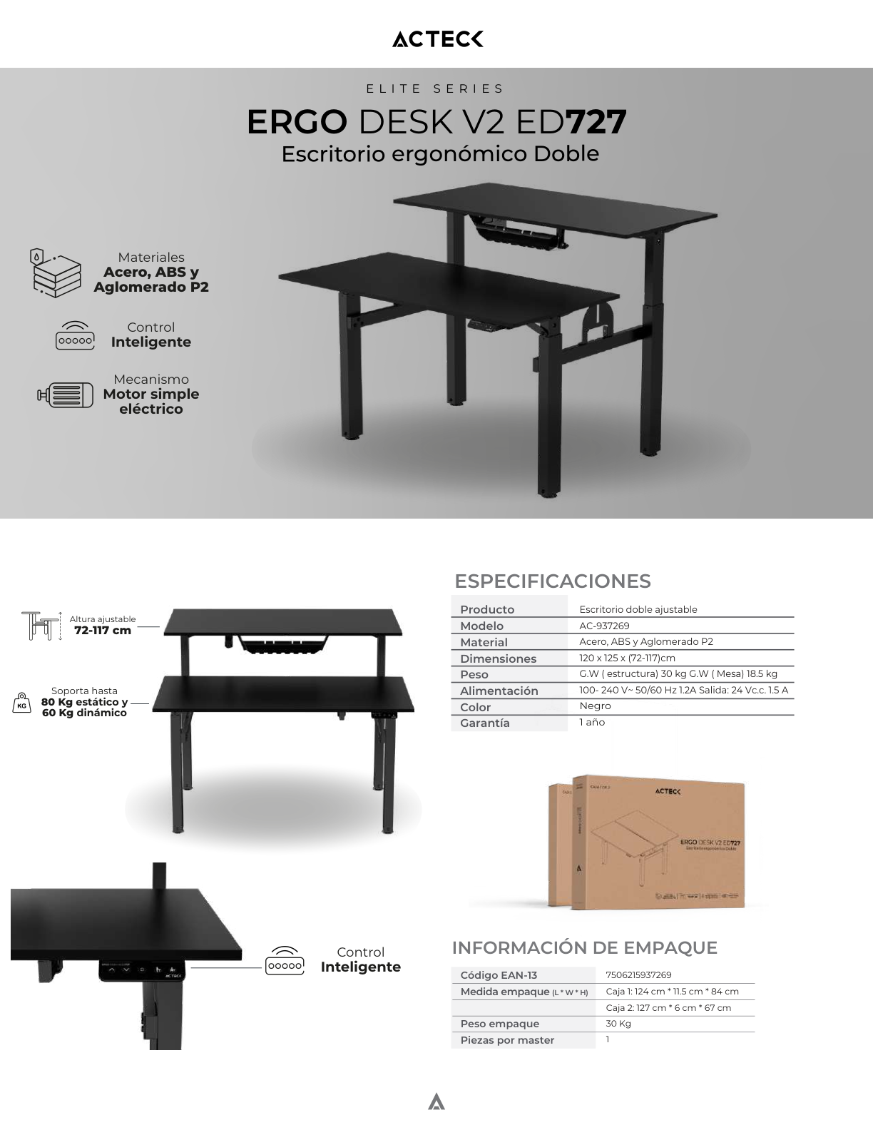 Escritorio de oficina Acteck Ergo Desk V2 ED727 Elite Doble estacion Ajuste Electrico Altura Negro