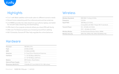 Router Wi-Fi Cudy WR300 N300 2.4GHz 2T2R (2×2 MIMO) 1x WAN y 3x LAN RJ45 Ethernet 10/100 modo AP/RE/WISP/Client 2x antenas ext.