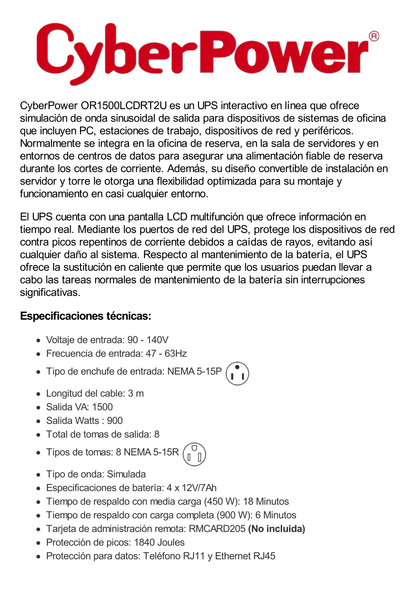 UPS de 1500 VA/900 W, Topología Línea Interactiva, Entrada 120 Vca NEMA 5-15P, Torre o Rack 2 UR, Con 8 Tomas NEMA 5-15R