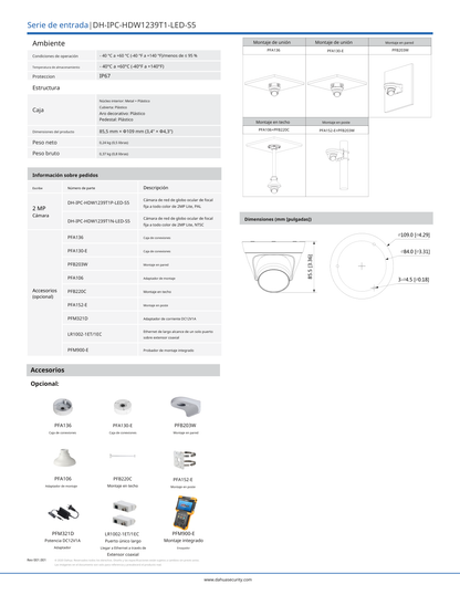 Camara Dahua DH-IPC-HDW1239T1-A-LED-S5 IP domo full color 2 mpx lente 2.8 mm IR 15 m plastico exterior con microfono 110 gds apert IP67