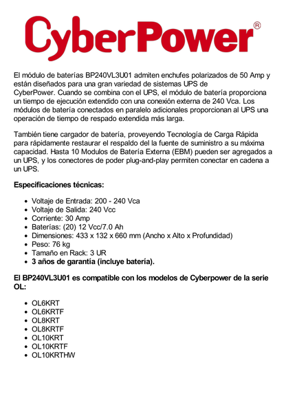 Módulo de Baterías Externas de 240V a 30 Amp, para Extensión de Tiempo de Respaldo, Para UPS Serie OL de 6 KVA a 10 KVA