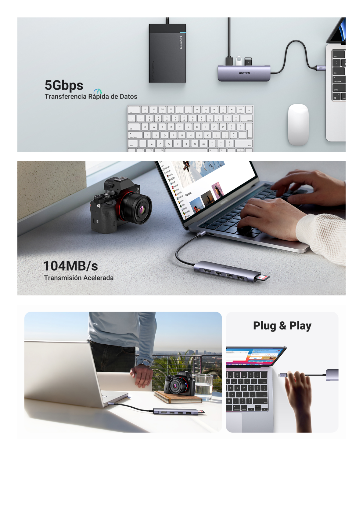 HUB USB-C (Docking Station) 6 en 1 | HDMI 4K@30Hz | 3 Puertos USB 3.0 | Lector Tarjeta SD + Micro SD (TF) Uso Simultáneo | Chip de Última Generación | Potente Disipación de Calor |  Caja de Aluminio.