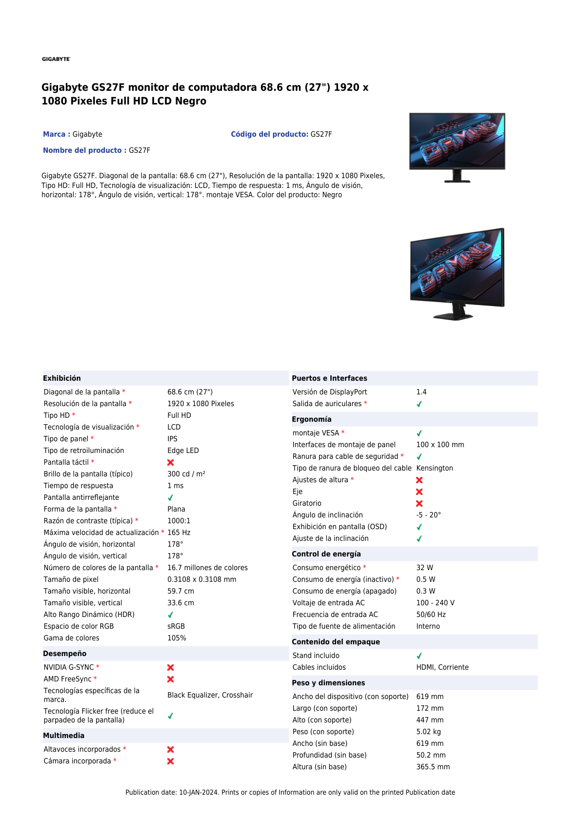 Monitor Gigabyte 27 IPS Gaming GS27F Full HD 165Hz 1ms 2xHDMI 1xDP