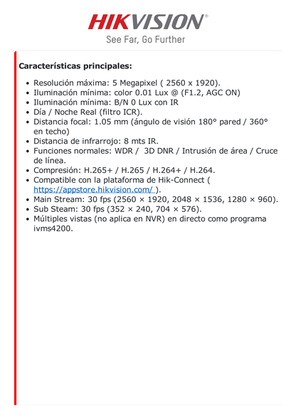 Mini Fisheye IP 5 Megapixel / Panorámica 180° - 360° / Microfono Integrado / 8 mts IR / Uso en Interior / PoE / Múltiples Vistas por iVMS-4200 / Alarmas I/O / Micro SD