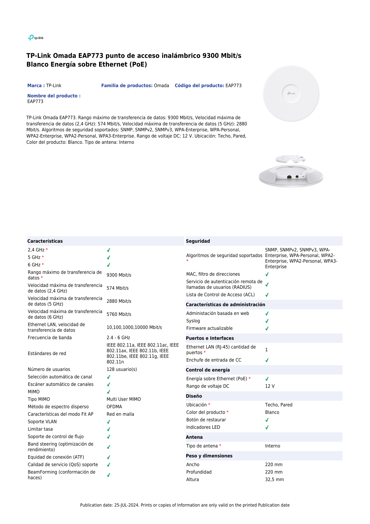 Access Point TP-Link p/interior Wi-Fi 7 EAP773 BE11000 tri-banda MU-MIMO 1x RJ45 10Gbps PoE+ 802.3at Omada Mesh 320 MHz OFDMA