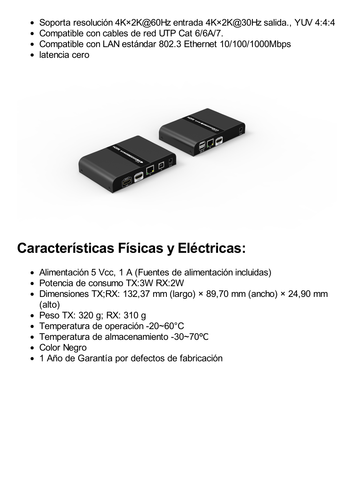 Kit extensor KVM (HDMI y USB 2.0) hasta 100 metros / Resolución 4K @ 60 Hz / Cat 6/6A/7 / CERO LATENCIA / Salida Loop / Soporta Switch Gigabit para control KVM múltiple / Soporta hasta 253