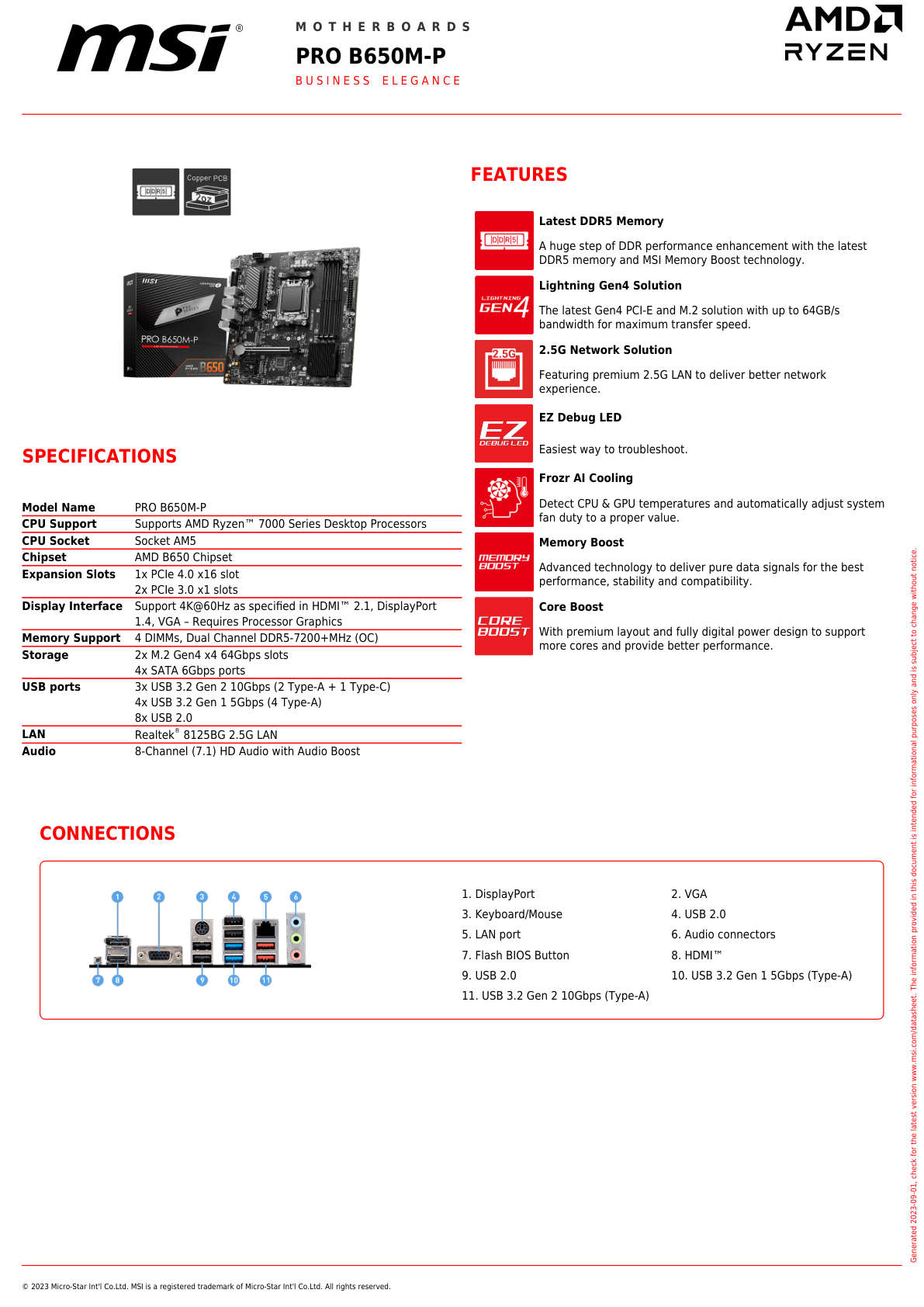 Tarjeta madre MSI Pro B650M-P socket AM5 4xDDR5 HDMI DP VGA Micro ATX