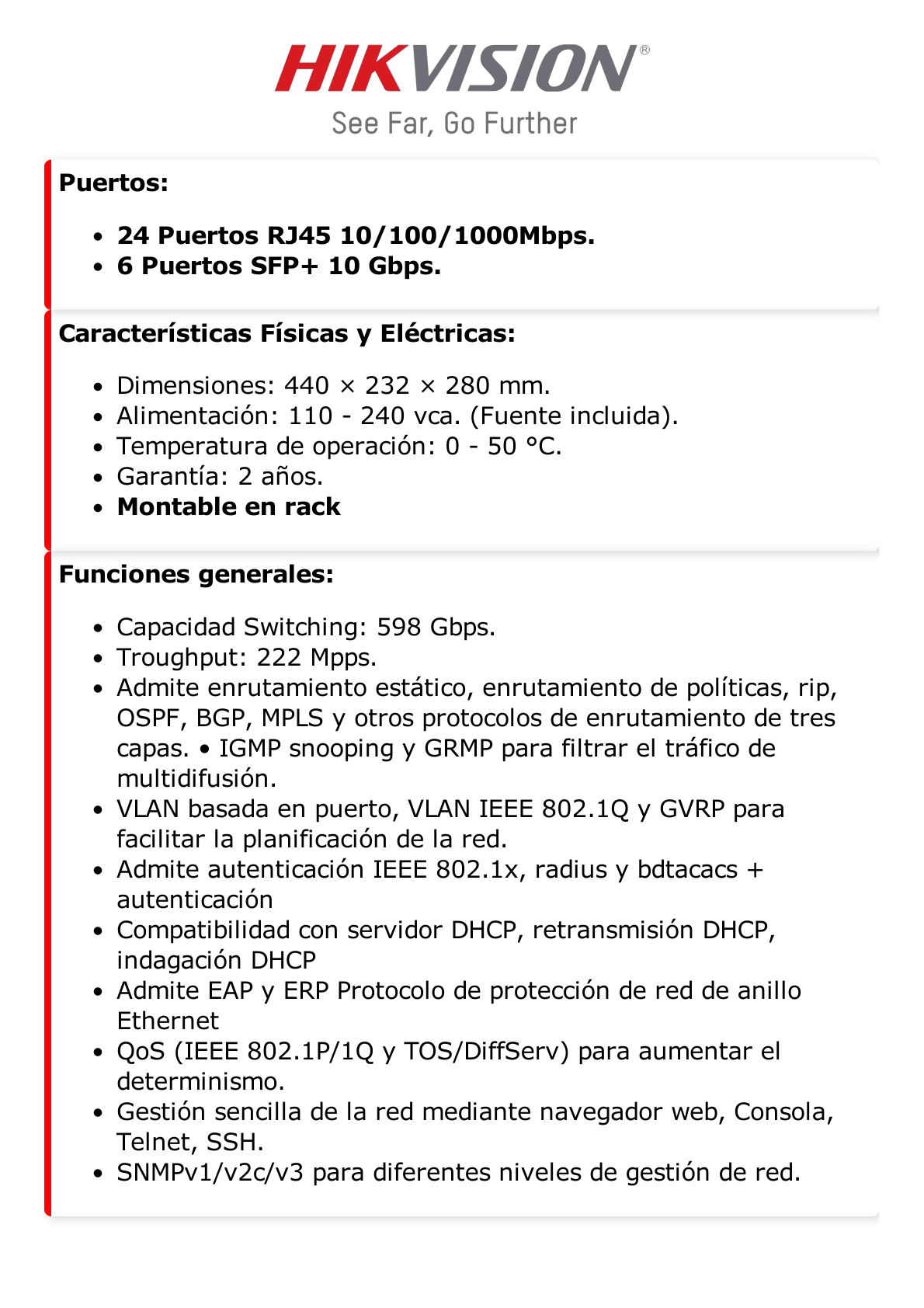 Switch Core Gigabit / Administrable Capa 3 / 24 Puertos 1000 Mbps / 6 Puertos SFP+ 10 G de Uplink / IGMP / VLAN / GRMP