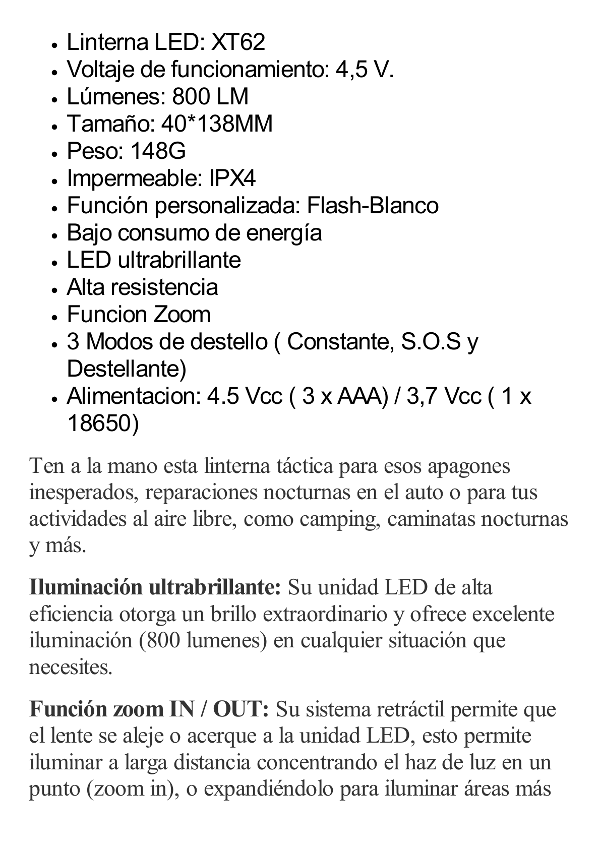 Linterna LED de Aluminio, 800 Lúmenes, IPX4, Resistente al Agua