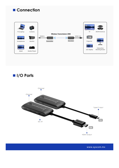 Extensor inalámbrico tipo C a HDMI | Wifi 5G | 4K60Hz | para distancias de 20 metros