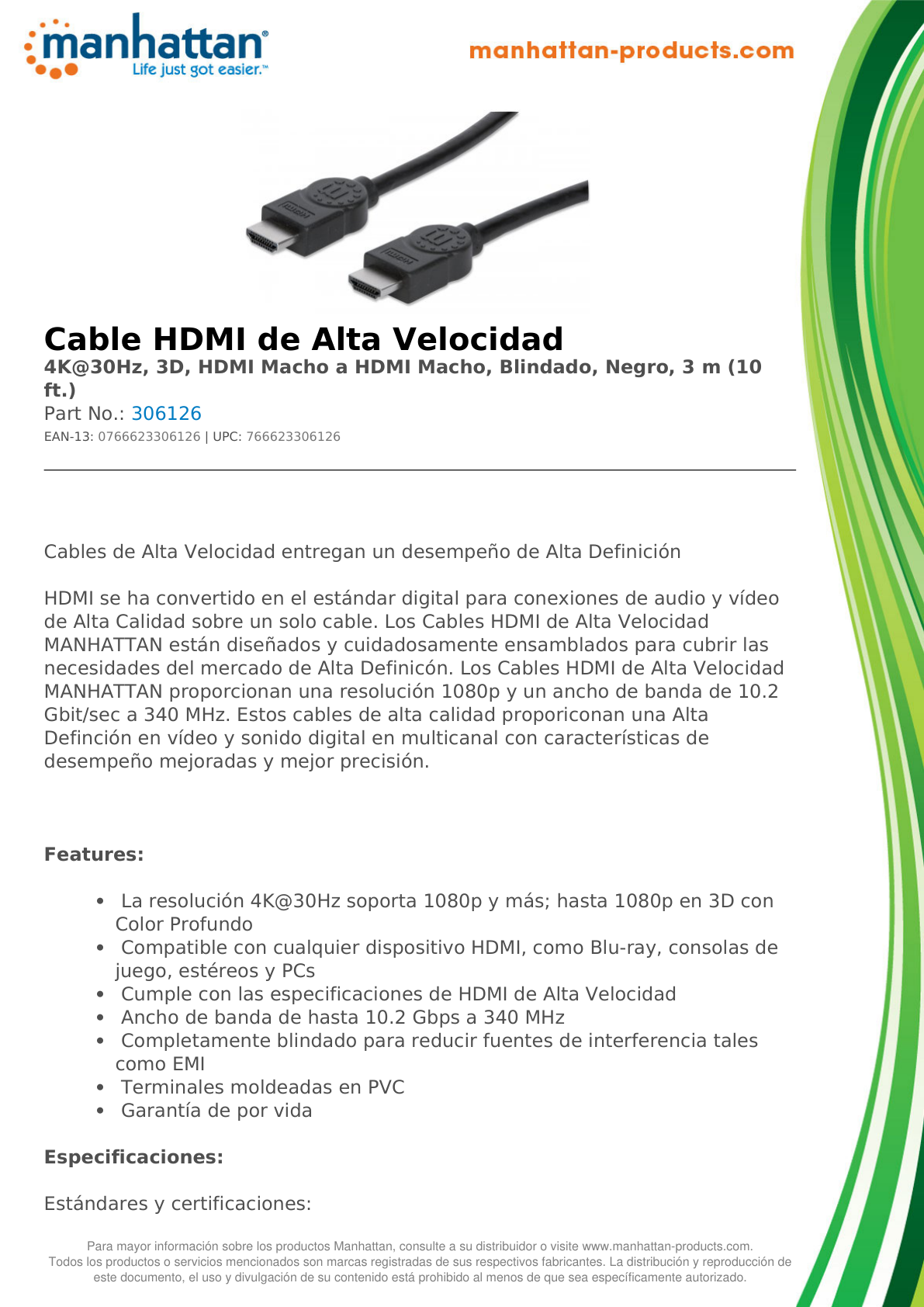 CABLE MANHATTAN HDMI 1.3 M-M 3M