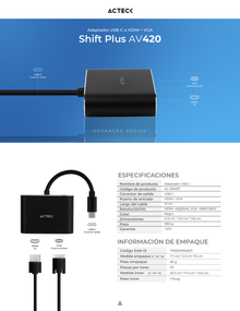 Adaptador Acteck USB-C a HDMI + VGA Shift Plus AV420 Para Video Hasta 4K Macho Hembra