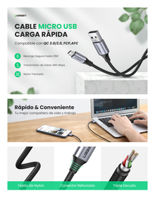 Cable USB-A a Micro USB | 1 Metro | Carga Rápida | QC 3.0/2.0 | FPC | AFC | Transferencia de datos de 480 Mbps | Recarga hasta 18W | Protección Integrada | Caja de Aluminio | Nylon Trenzado | Color Negro.