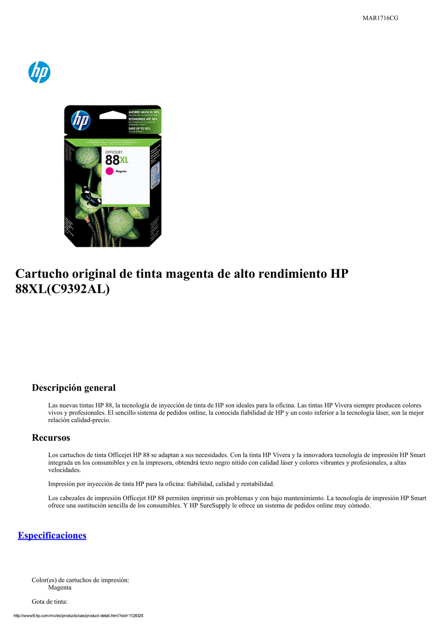 TINTA HP 88 XL C9392AL MAGENTA PRO K8600 ALTO RENDIMIENTO (1 540 PAG)