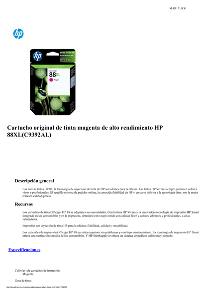 TINTA HP 88 XL C9392AL MAGENTA PRO K8600 ALTO RENDIMIENTO (1 540 PAG)