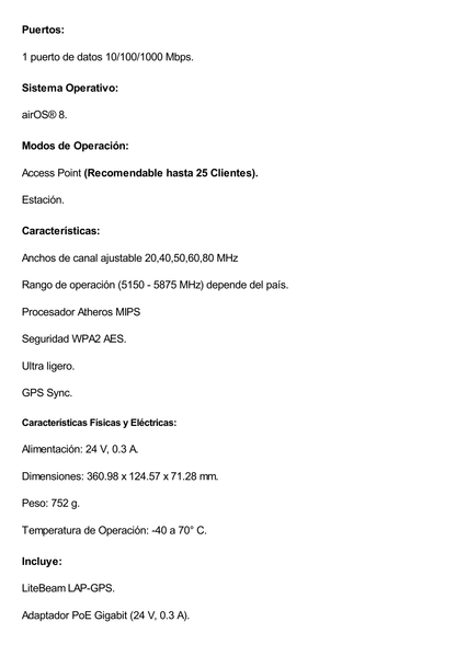 Estación Base 2x2 MIMO airMAX LiteAP AC hasta 450 Mbps, 5 GHz (5150 - 5875 MHz) con antena integrada de 17 dBi y cobertura de 90 grados con GPS Sync