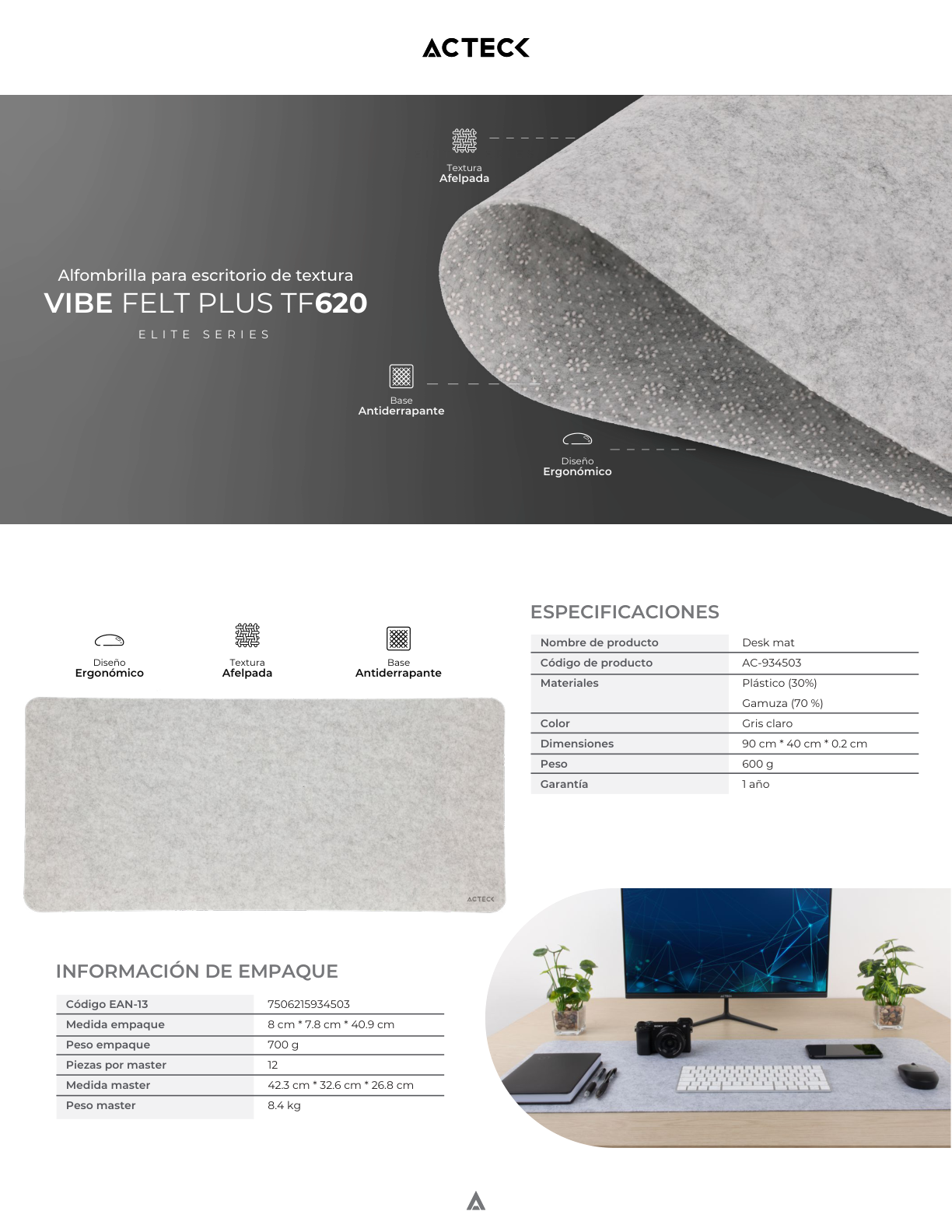 Mousepad Acteck Vibe Felt Plus TF620 Gris Superficie Plana y Suave