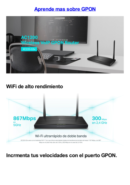 ONU/ONT - GPON Router inalámbrico AC 1200 / 1 Puerto PON SC/APC / 1 Puerto FXS (rj11) / 4 Puertos LAN 10/100/1000 MBPS / Soporta AgiNet Config - AgiNet ACS