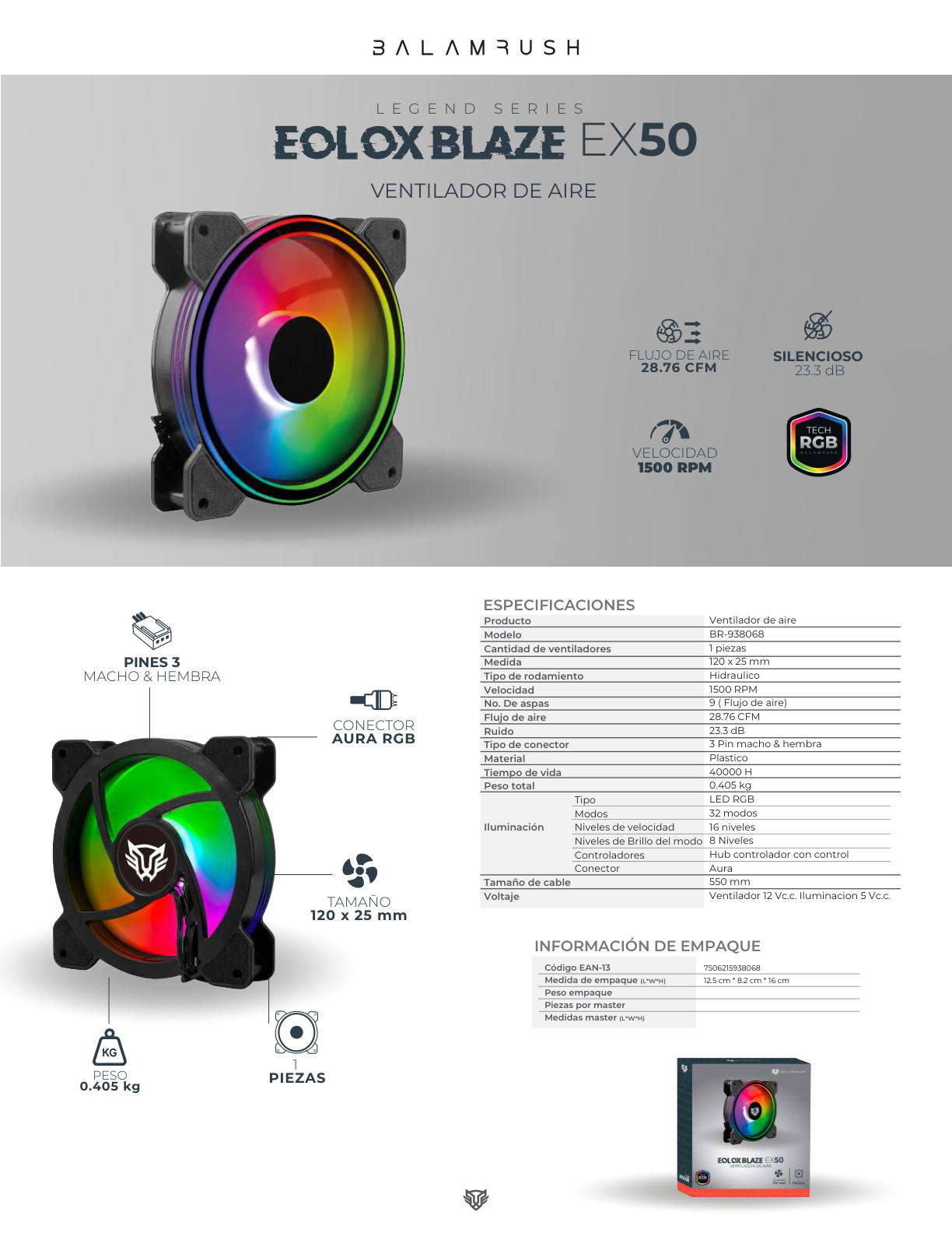 Ventilador Balam Rush 120mm Blanco Eolox Blaze EX50W ARGB borde led Rainbown 120x120x25mm 1200RPM Hidráulico 12V