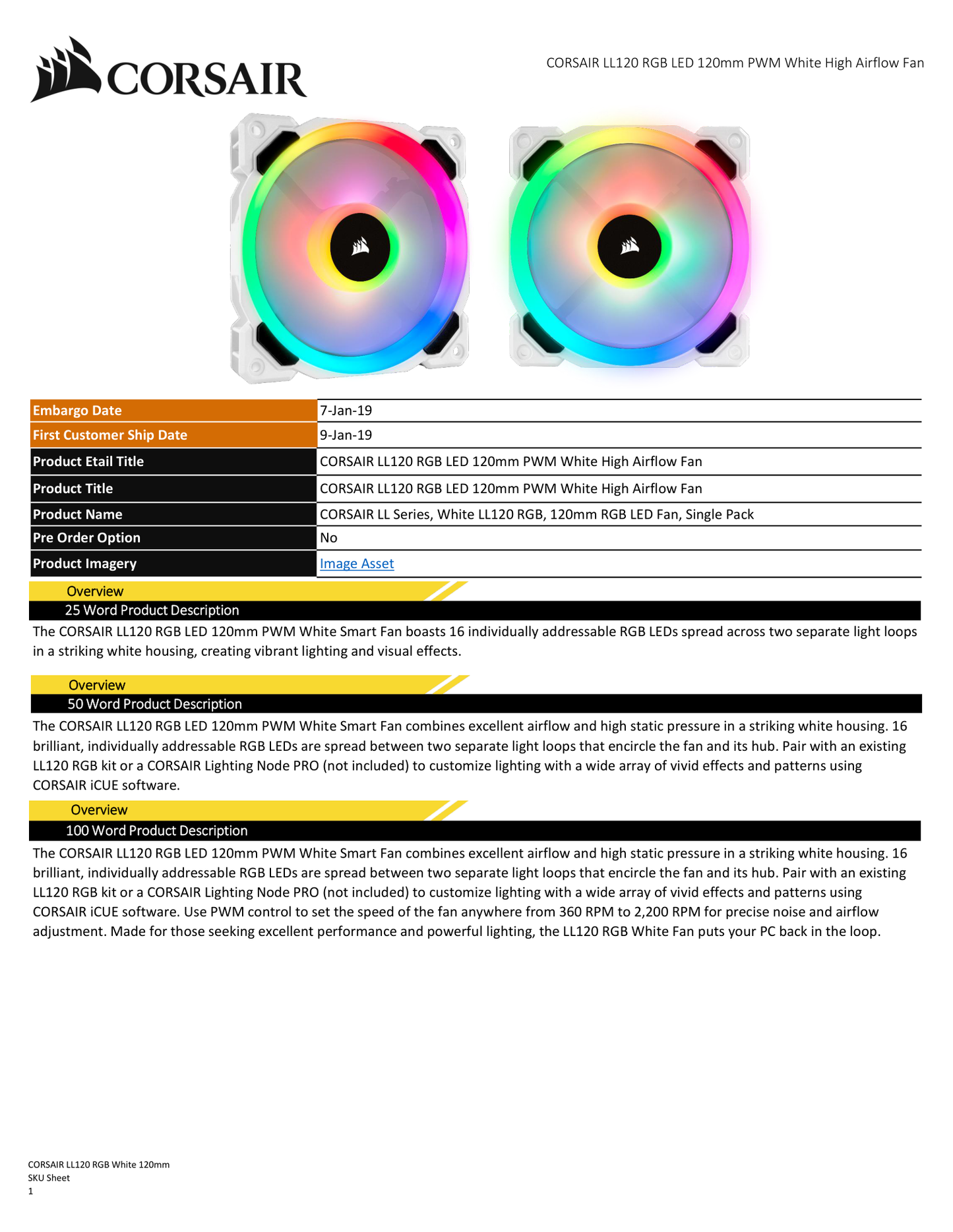 Ventilador Corsair LL120 RGB LED PWM blanco con doble bucle de luz de 120mm paquete sencillo