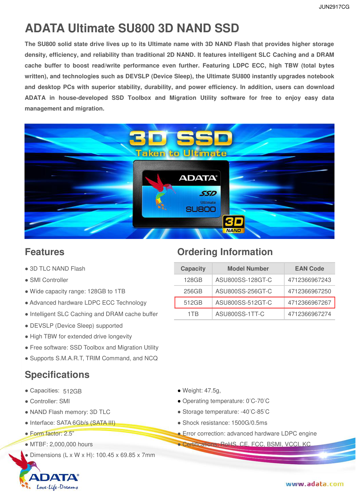 SDD 2.5 512GB ADATA SU800 SATAIII 6GB/S ASU800SS-512GT-C