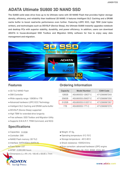 SDD 2.5 512GB ADATA SU800 SATAIII 6GB/S ASU800SS-512GT-C