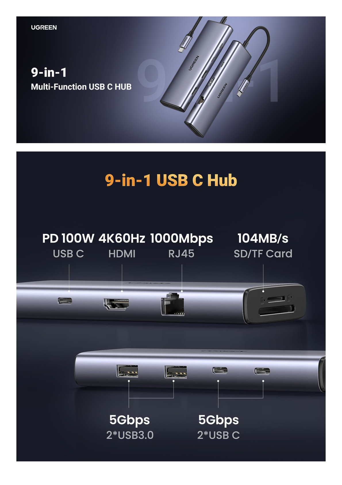 HUB USB-C (Docking Revodok) 9 en 1 | 2 USB-A 3.0 (5Gbps) | 2 USB-C (5Gbps) | USB-C PD Carga 100W | HDMI 4K@60Hz | RJ45 (Gigabit Ethernet) | Lector Tarjetas SD + Micro SD (TF) Simultáneo | Chip de Última Generación | Caja de Aluminio.