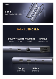 HUB USB-C (Docking Revodok) 9 en 1 | 2 USB-A 3.0 (5Gbps) | 2 USB-C (5Gbps) | USB-C PD Carga 100W | HDMI 4K@60Hz | RJ45 (Gigabit Ethernet) | Lector Tarjetas SD + Micro SD (TF) Simultáneo | Chip de Última Generación | Caja de Aluminio.