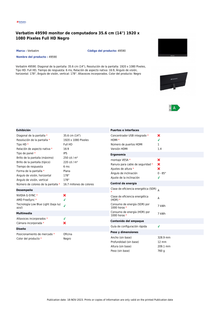 Monitor Verbatim 14 LED Portatil 1920 X 1080 / 60Hz Resolucion H*V/Fv USB-C/USB-A/HDMI/Audio 3.5 Negro