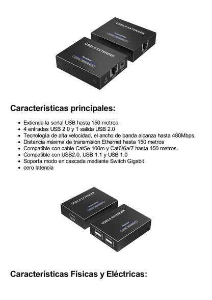 Kit EXTENSOR USB 2.0 de 4 Puertos para Distancias de Hasta  150 m / Soporta USB 2.0, USB 1.1 y USB 1.0 / UTP Cat 5e/6/6a/7 / Soporta Switch Gigabit / Ideal para Cámaras WEB, Impresoras, Escáner, Memorias, Mouse, etc.