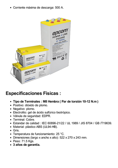 Batería de GEL PURO OPzV / 12 V @ 200 Ah / Ciclo profundo / Uso en Aplicaciones Fotovoltaicas y de Respald