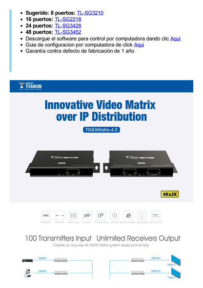 Receptor Compatible para Kit Matricial TT-683-MATRIX-4.0 / Resolución 4K@30Hz / Cat6 / Control IR / Compatible con Switch IGMP (Solo para transmisor versión 4.0).