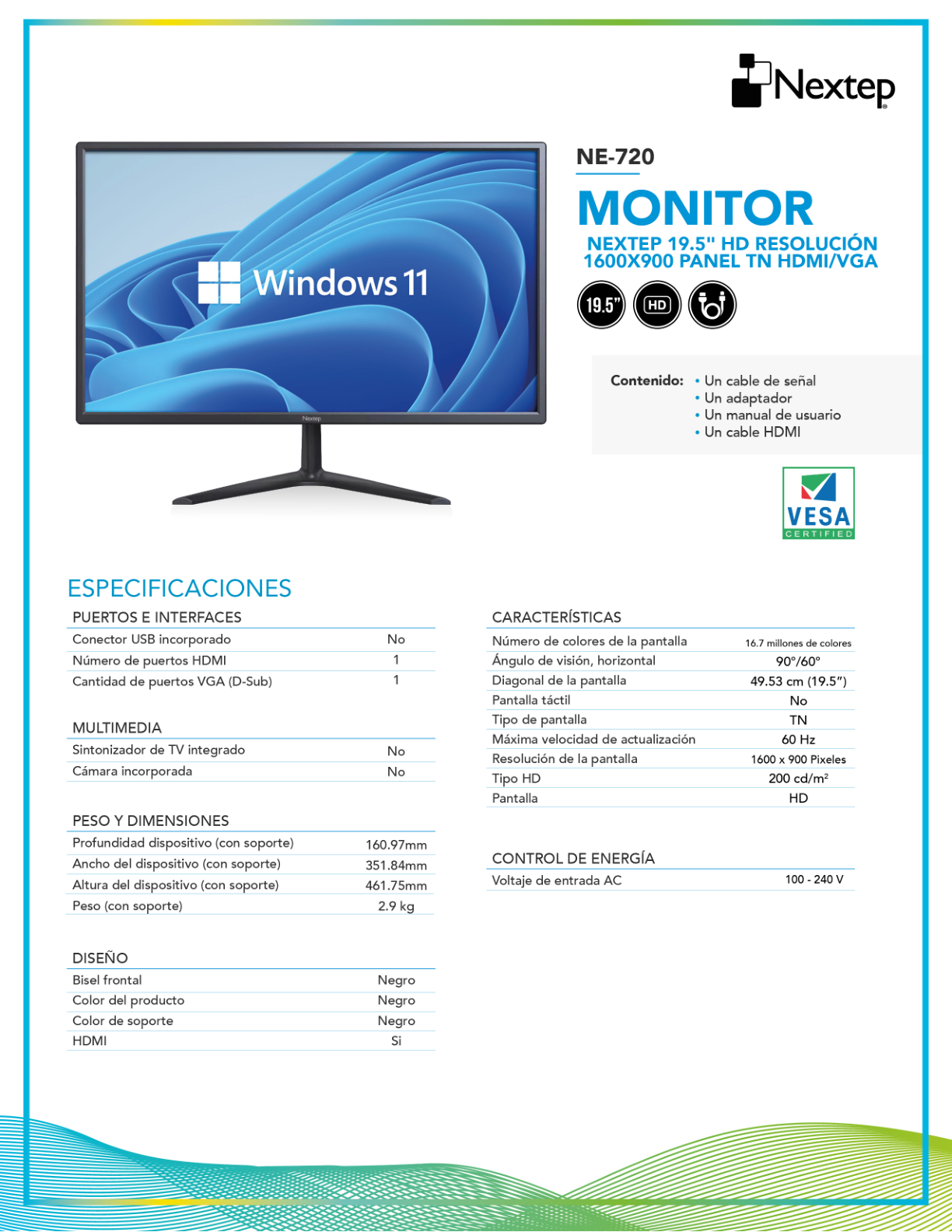 Monitor NEXTEP 19.5 HD Resolucion 1600X900 Panel TN HDMI/VGA negro