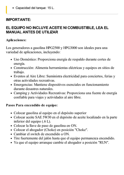 Generador a Gasolina / Planta de Emergencia 3kW, 110Vca, Encendido de Jalón, Jaula con Ruedas para Fácil Traslado