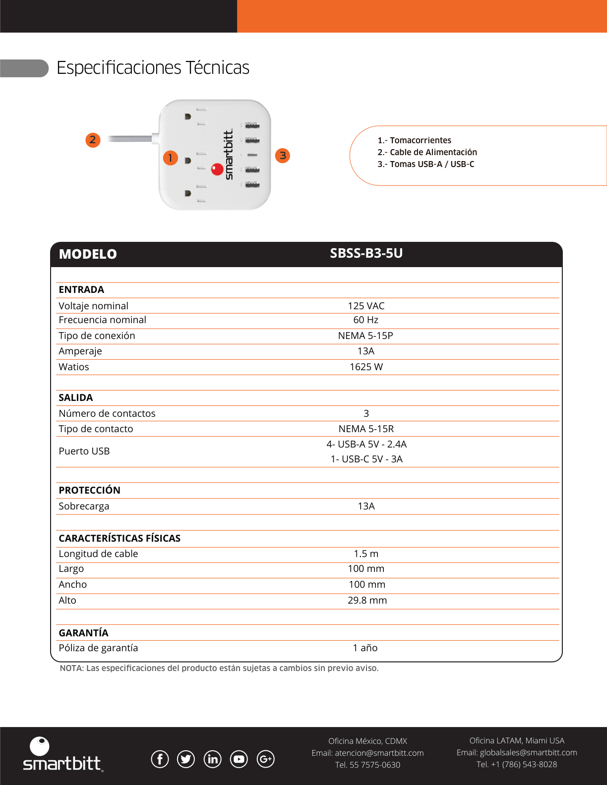 Multicontacto portátil Smartbitt SBSS-B3-5U 3 NEMA 5-15R 1 x USB-C 5V-3A y 4 x USB-A 5V-2.4A longitud de cable 1.5M