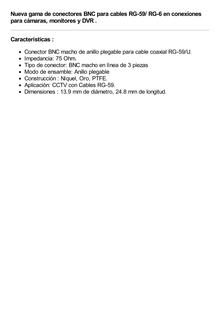 Conector BNC macho para 75 Ohm, de 3 piezas en línea, anillo plegable para cable RG-59/U en aplicación de CCTV, Níquel/ Oro/ Teflón.