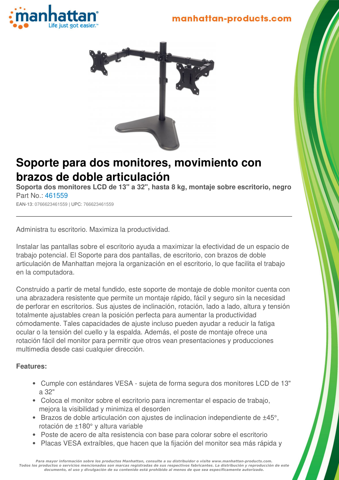 Soporte Manhattan Monitor p/2 13 a 32 Sobre Mesa o Escritorio 461559