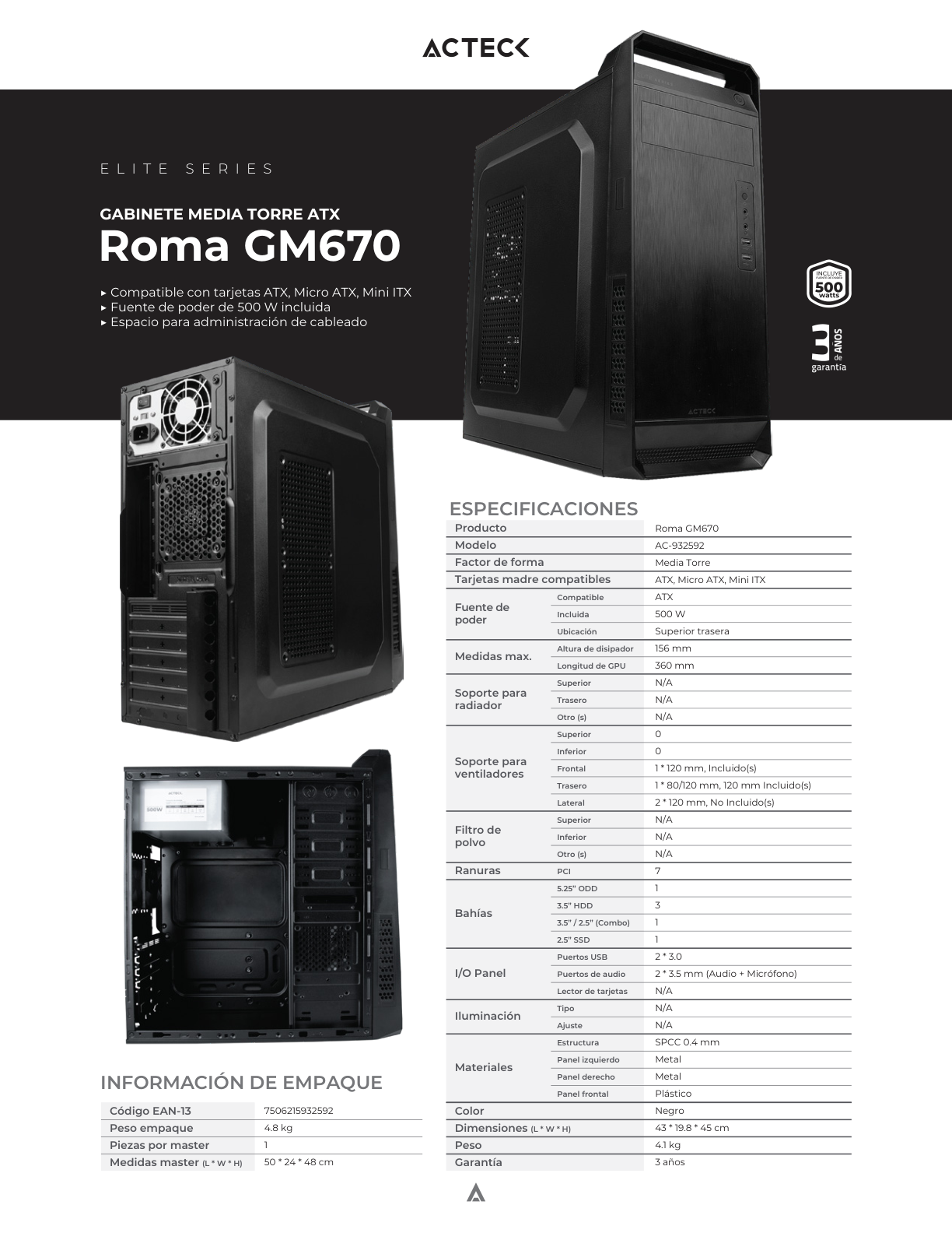 GAB ACTECK ROMA ELITE ATX GM670 MEDIA TORRE USB 3.0 FUENTE 500W 1 VENT