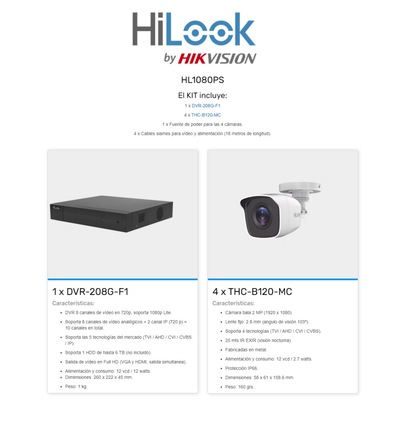 KIT DVR HILOOK BY HIKVISION 8 CANALES TURBOHD 1080P 4 CAMARAS BULLET METALICAS /FUENTE DE PODER/ ACCESORIOS