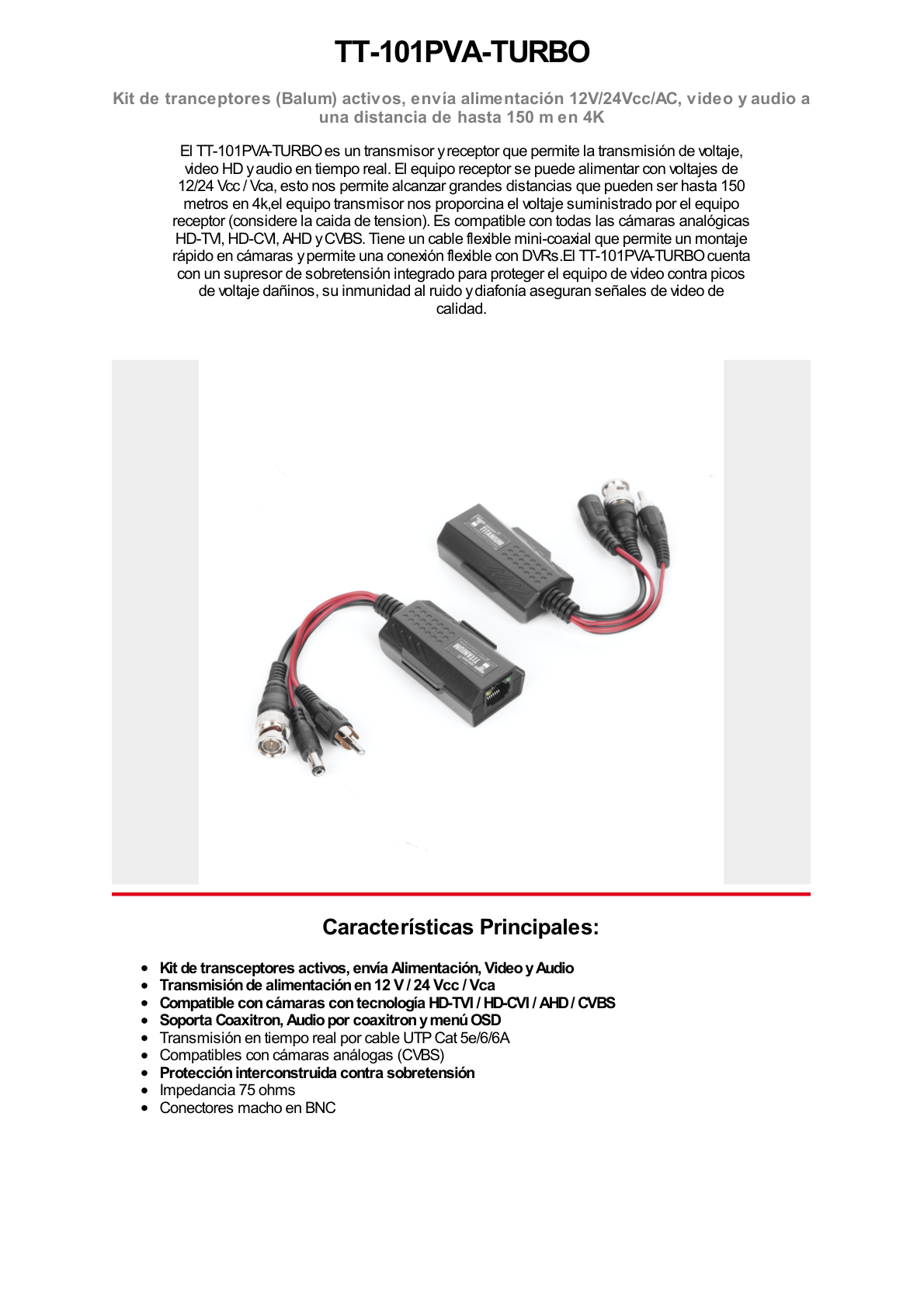 Kit de transceptores activos, envía alimentación 12V/24Vcc/AC, video y audio a una distancia de hasta 150 m en 4K para aplicaciones de video por UTP Cat 5e / 6 en alta definición.