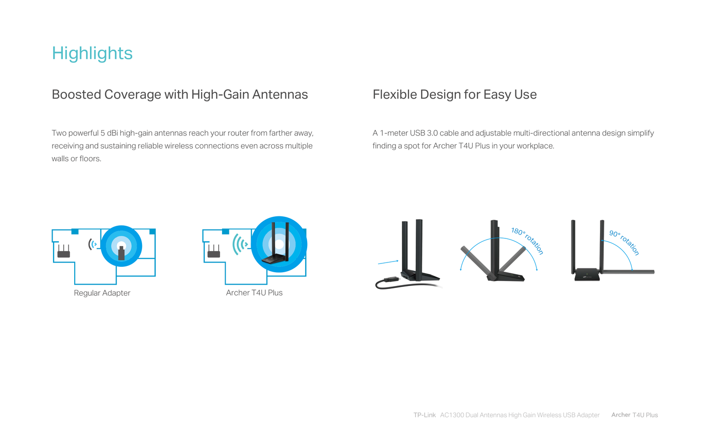 Adaptador inalámbrico USB 3.0 TP-Link ArcherT4U Plus AC1300 con 2 antenas de alta ganancia 5dBi ajustables