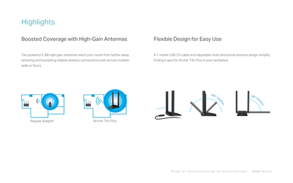 Adaptador inalámbrico USB 3.0 TP-Link ArcherT4U Plus AC1300 con 2 antenas de alta ganancia 5dBi ajustables