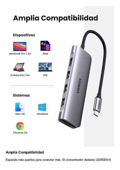 HUB USB-C Multipuertos / HDMI 4K@30Hz  / 3 Puertos USB-A 3.0 / Lector Tarjeta SD+TF (Uso Simultáneo) / 6 en 1 / Carcasa de Aluminio.